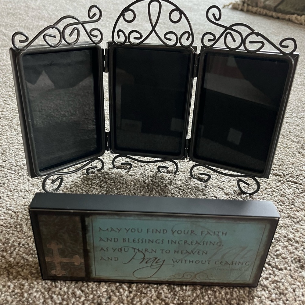 Frame holds 3 photos and wood block can hang or sit on your desk.
